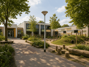 Voorbeeld van schoolplein met groen in de schaduw